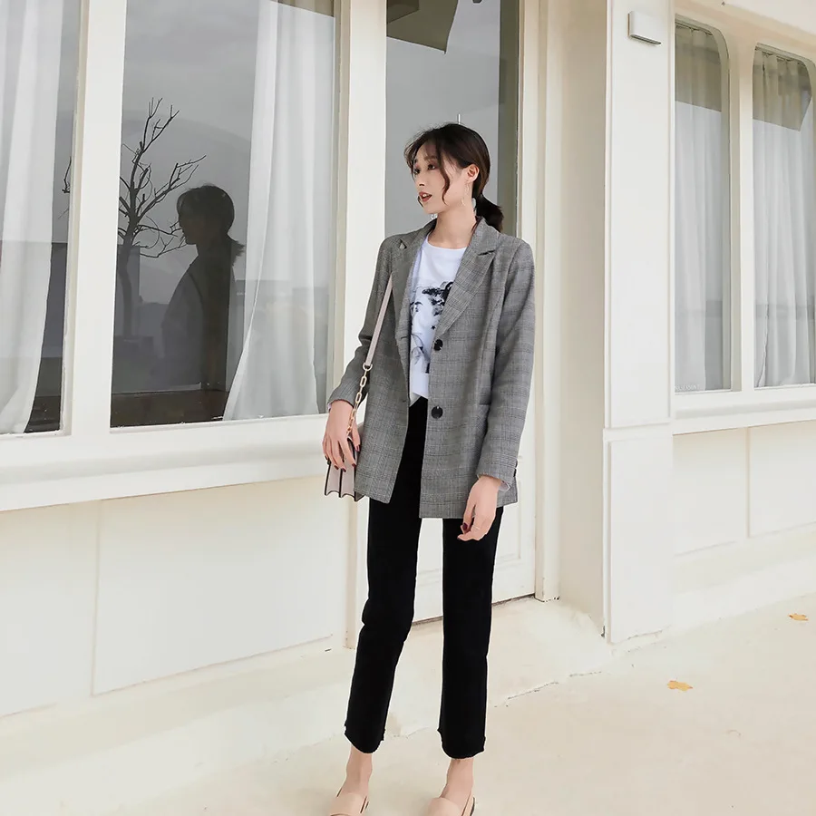 Весна и осень стиль Мода длинный рукав Slim Fit похудение плед Топы Мода Женское пальто простой элегантный