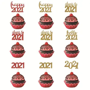 

12pcs Rose Gold Hello 2021 Number Cupcake Toppers Happy New Year Cake Decorations For Christmas New Year Party Supplies Navidad