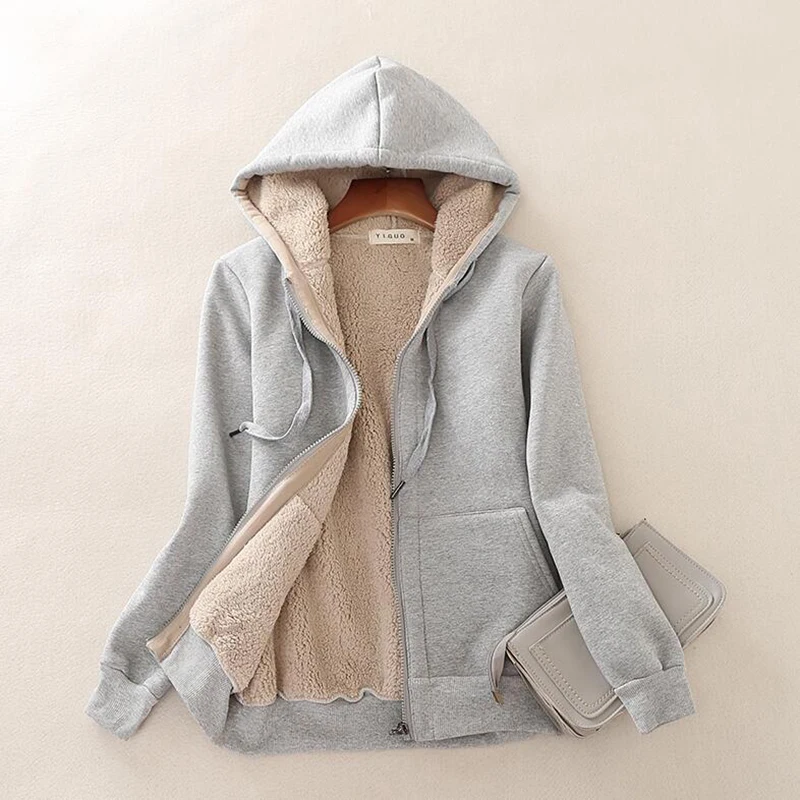 light grey Женское кашемировое зимнее теплое пальто, Базовая куртка, модная, плюс кашемир ягненка, женское теплое пальто с капюшоном, женская зимняя куртка, плюс размер - Цвет: light grey