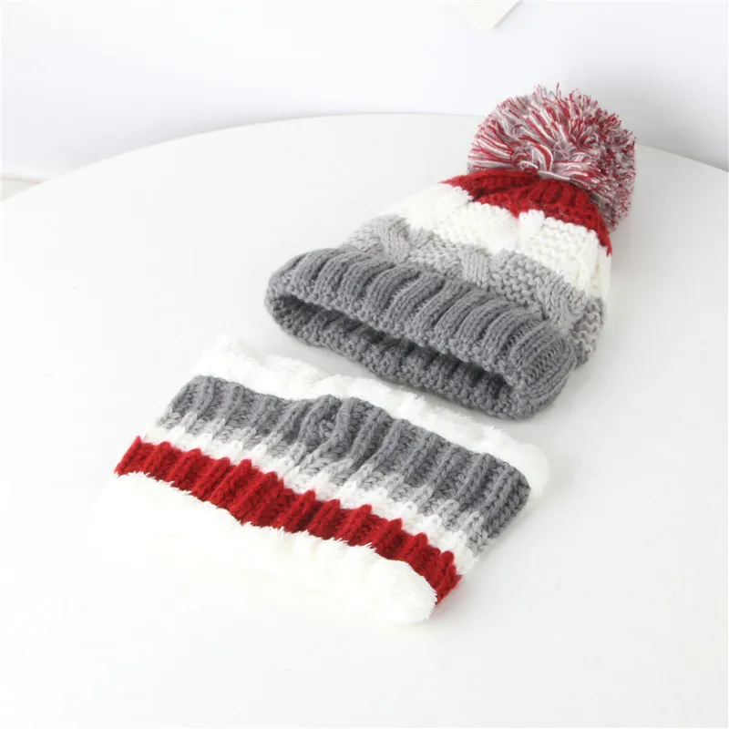 Новая зимняя шапка и шарф, зимняя детская шапка для детей, теплая шерстяная шапка в полоску, мужская и женская вязаная шапка, комплект из двух предметов
