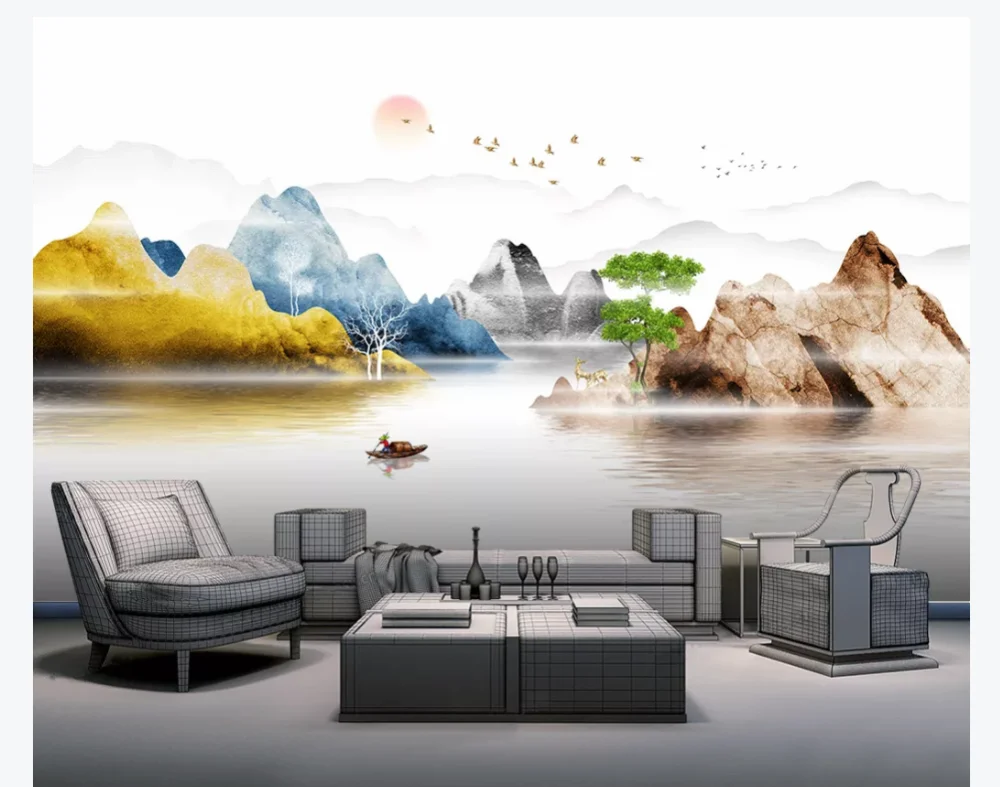 Custom wallpaper mural new Chinese abstract light luxury mood golden landscape background wall- waterproof material
