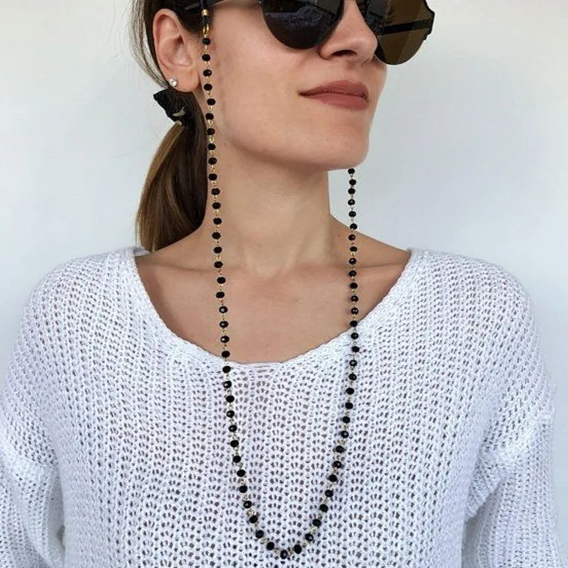 Handmade Black Crystal Bead Chain Reading Glasses Chain Women Sunglasses Cords Eyeglass Lanyard Hold Straps Eyewear Retainer