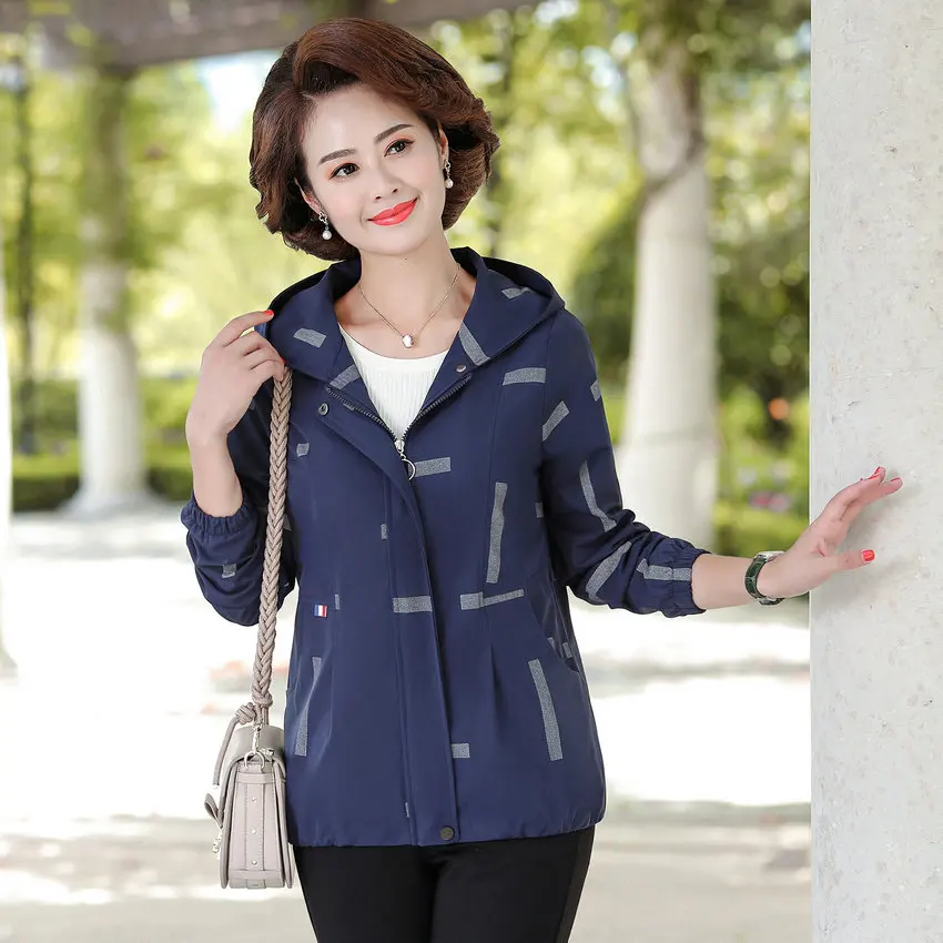 Осенняя Женская куртка с капюшоном кардиган на молнии спереди темно синий красный карамельный Принт пальто