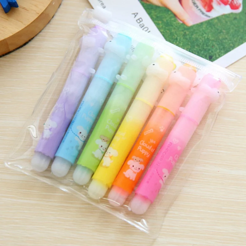 

6pcs/set Creative Cartoon Cute Puppies Mini 6 Sticks Fluorescent Pen Colour Fluorescent Marker Pen Office School Stationery