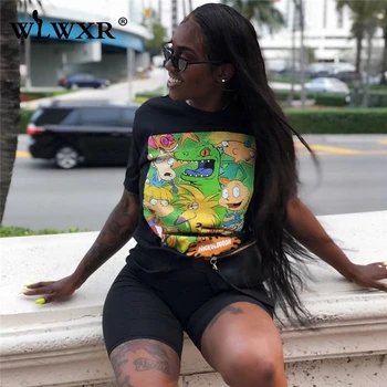 

WLWXR Cartoon Two Piece Biker Short Set Women Suits Black White Tshirt Women Summer Pink Outfits Matcing Sets Ladies Tracksuits