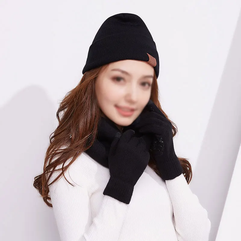 Winter Touch Screen Mittens Knitting Wool Artificial Soft Cozy Beanie Hat Scarf Gloves Sets Skull Knit Cap Infinity Scarves