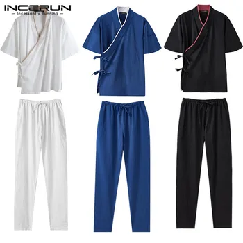 

INCERUN Chinese Style Men's Sets Vintage Cotton Casual Streetwear V Neck Short Sleeve Shirt & Pants Solid Hanfu Men Suit S-5XL