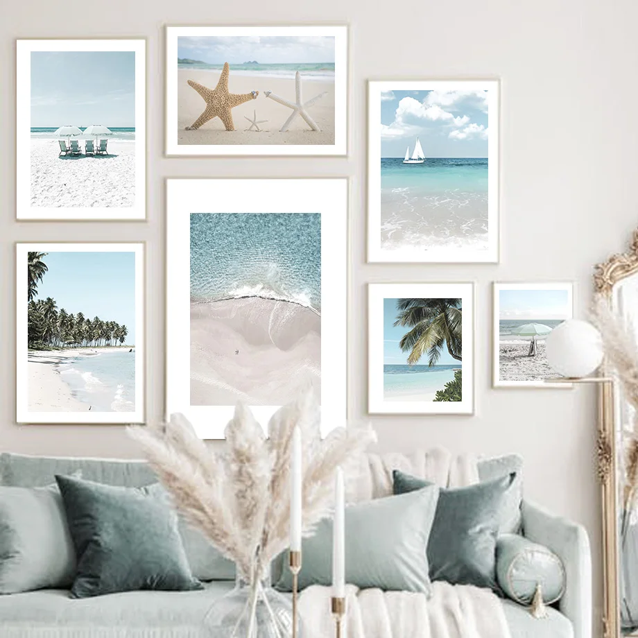 Sea Beach Umbrella Starfish Sailboat Palm Wall Art Canvas Painting Nordic Posters And Prints Pictures For Living Room Decor | Дом и сад