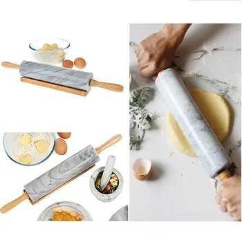 

Marble Non-stick Rolling Pin with Wooden Holder Kitchen Utensils Baking Tool Pizza Flour Stick Dumpling Embossing Roller Bar