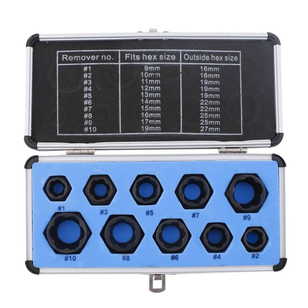 

10Pcs Damaged Bolt Nut Screw Remover Extractor Removal Set Nut Removal Socket Tool Threading Tools 9-19mm