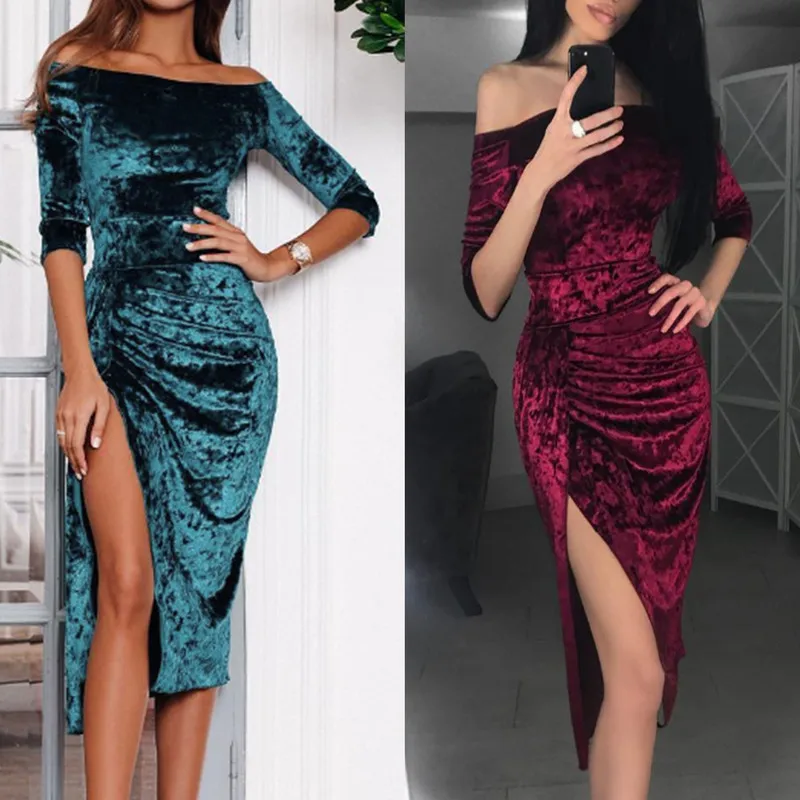 

Sexy Women Bodycon Dress Fashion Gold Diamond Off Shoulder Half Sleeve Skinny Draped Split Women Knee-length Dress