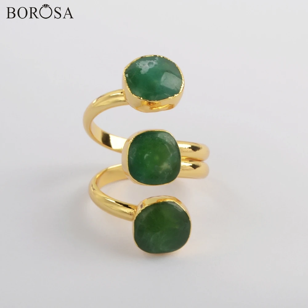 BOROSA 5 шт. золотое покрытие австралийские нефритовые кольца три натуральных камня Chrysoprases Регулируемые кольца женские ювелирные изделия G1921