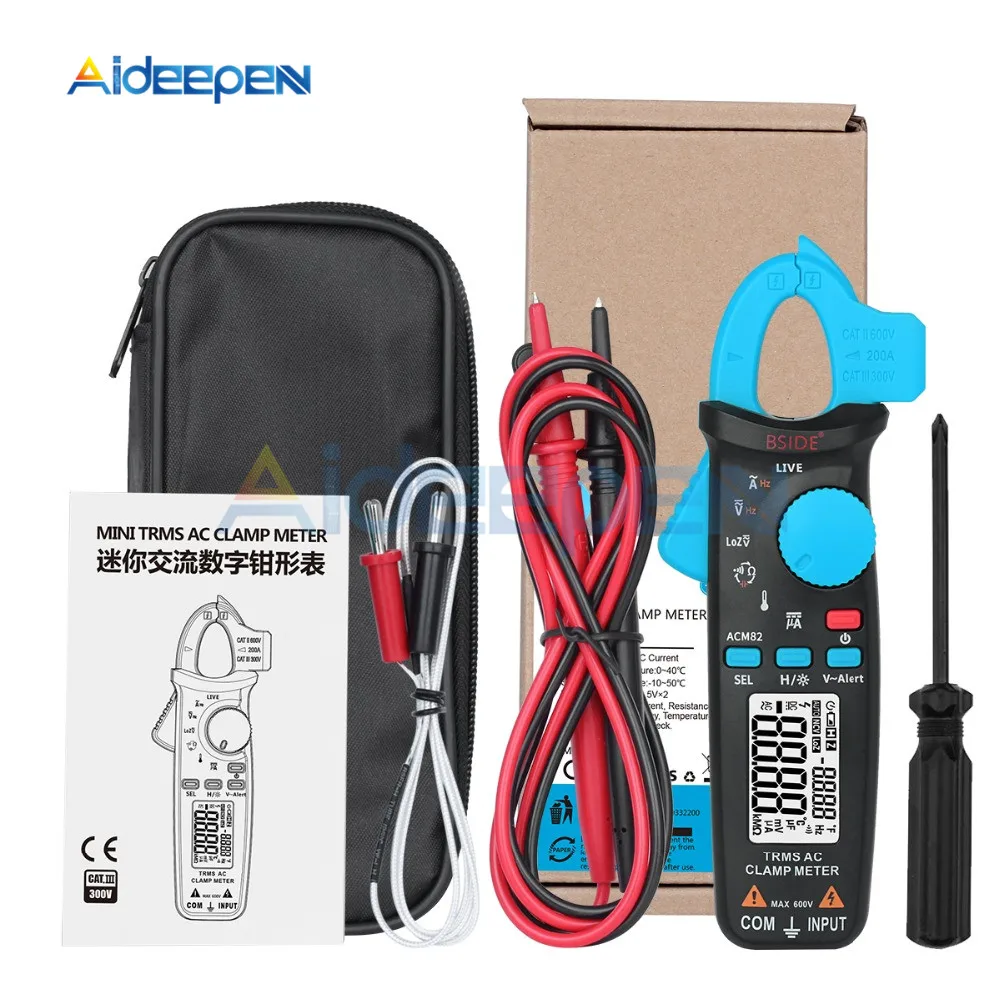 Blue ACM82 высокоточные Токоизмерительные клещи с автоматическим диапазоном истинных среднеквадратичных значений тока, тест Hz Temp Ом uF v-оповещение, проверка в реальном времени, мультиметр с карманным зажимом - Цвет: Blue