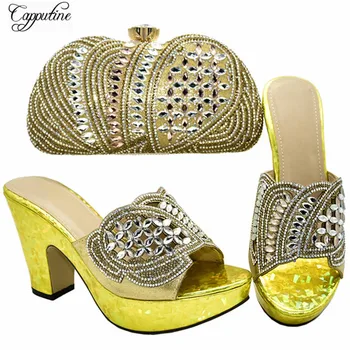 

Graceful with crystal stones party gold shoes and evening bag set for fashion lady 688-15, heel height 10.5cm