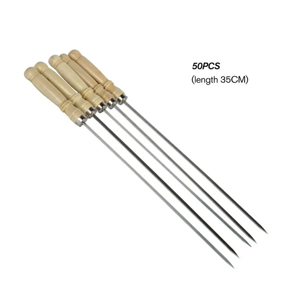 

50pcs Outdoor Picnic BBQ Barbecue Skewer Roast Flat Stick Stainless Steel Needle Wooden Handle Brochette Tong Kebabe Tools