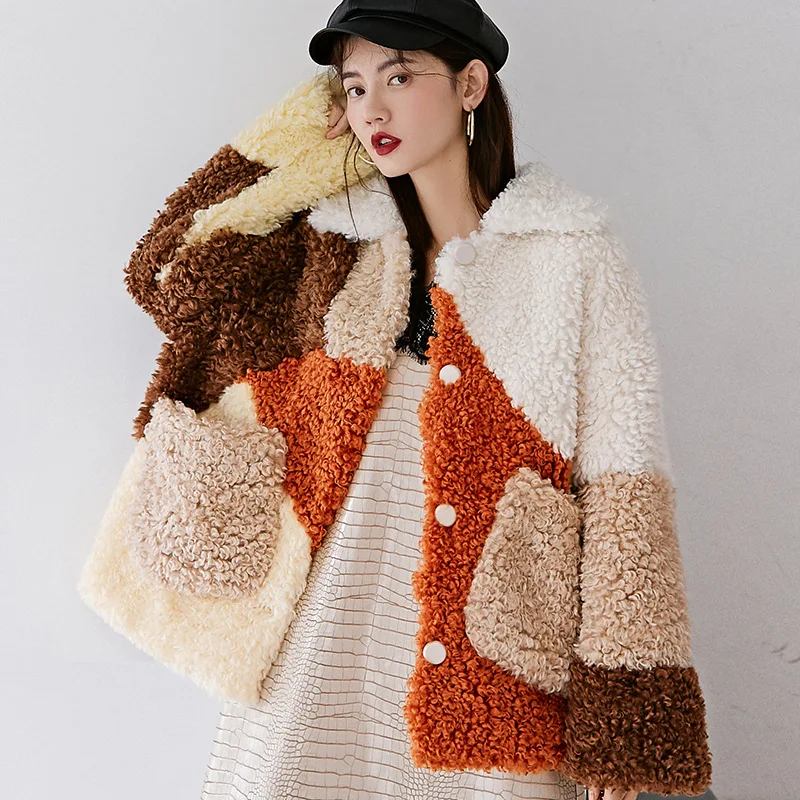 Оранжевое пальто размера плюс Харадзюку из овечьей шерсти искусственного меха