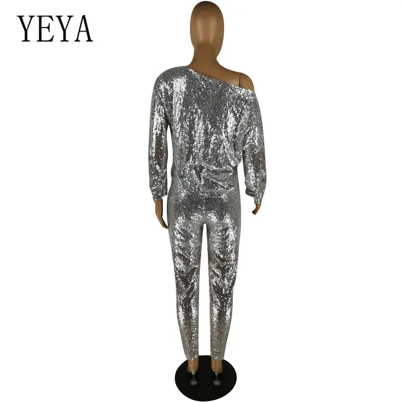YEYA два предмета наборы для женщин Мода Bling блестками Комбинезоны Осень с длинным рукавом Тощий комбинезон Клубная одежда вечерние комбинезоны Salopette