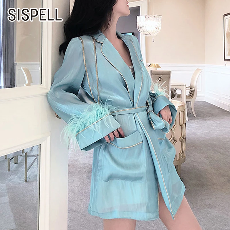 

SISPELL Casual Bandage Coats Female V Neck Collar Long Sleeve Feather Patchwork Autumn Women's Coat 2019 Fashion Clothing Tide