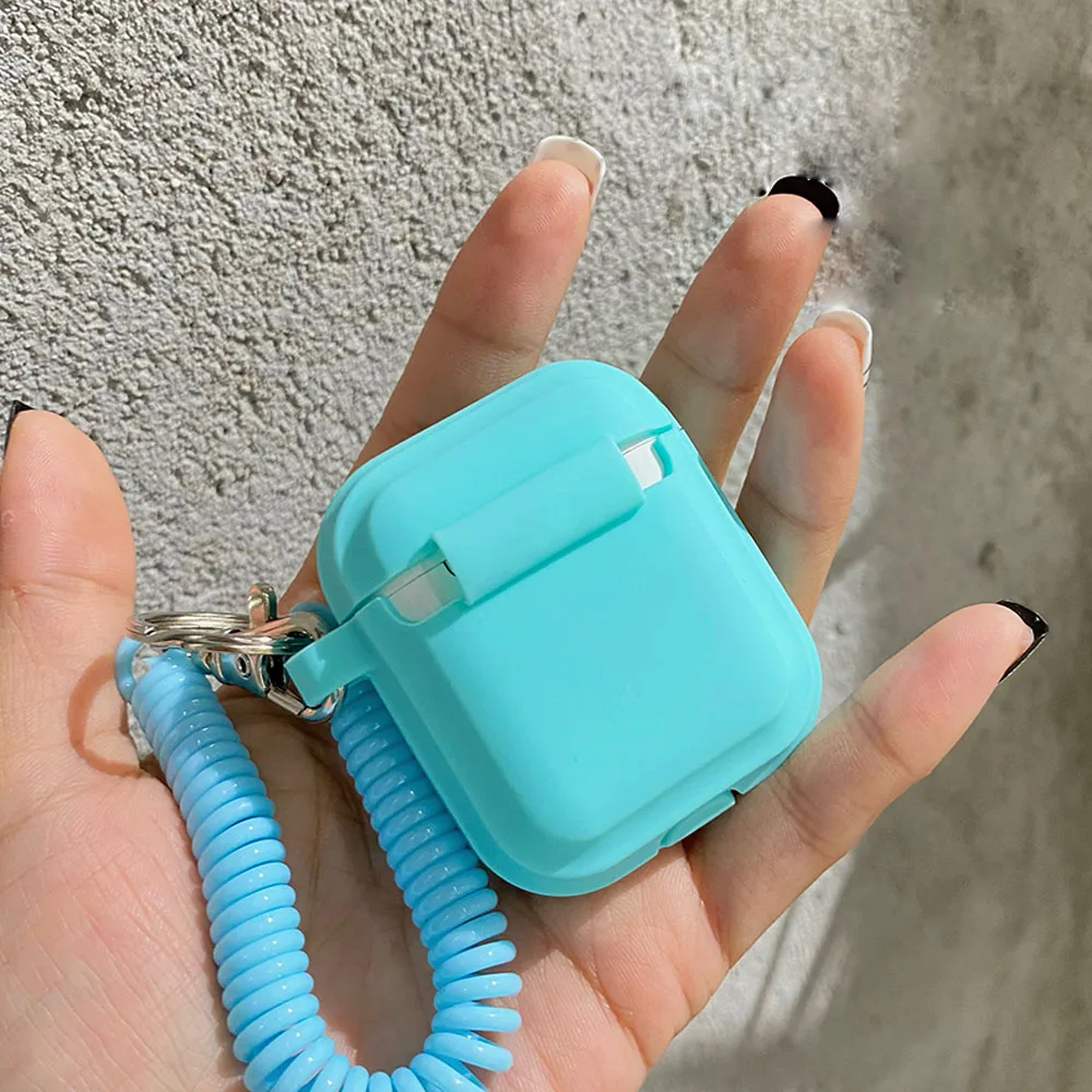 Case For Airpods 1/2/3 Silicone Solid Color Protective Earphone Cover For Apple Air Pods Pro 2 with Spring Fexible Chain Keyring