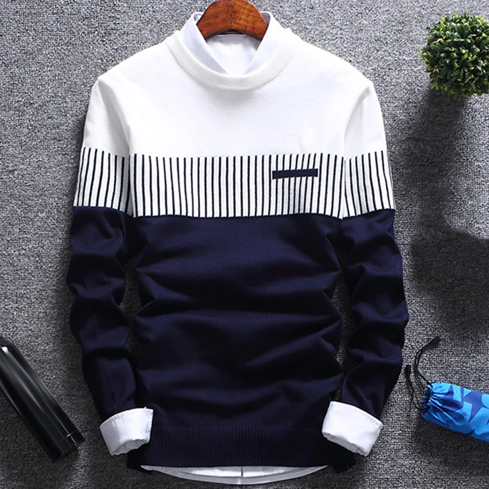 mens christmas sweater Fashion Men striped Sweater pullover Color Block Patchwork O Neck Long Sleeve Knitted Sweater Top Blouse For Warm Men's Clothing mens turtle neck jumper