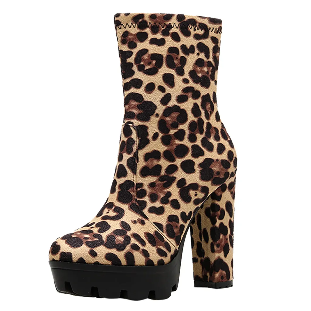 

SAGACE Autumn Winter Sexy Leopard Grain Chunky Heels Boots Women High-Heeled Shoes Polyester Elastic band female boots August 13