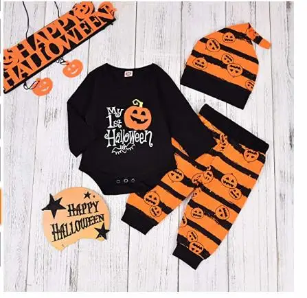 3 Pcs Toddler’s Halloween Costume, Black Long-Sleeves Rompers Top + Stripes Casual Pants + Hat Suit for Baby Boy girls 0-2 Years