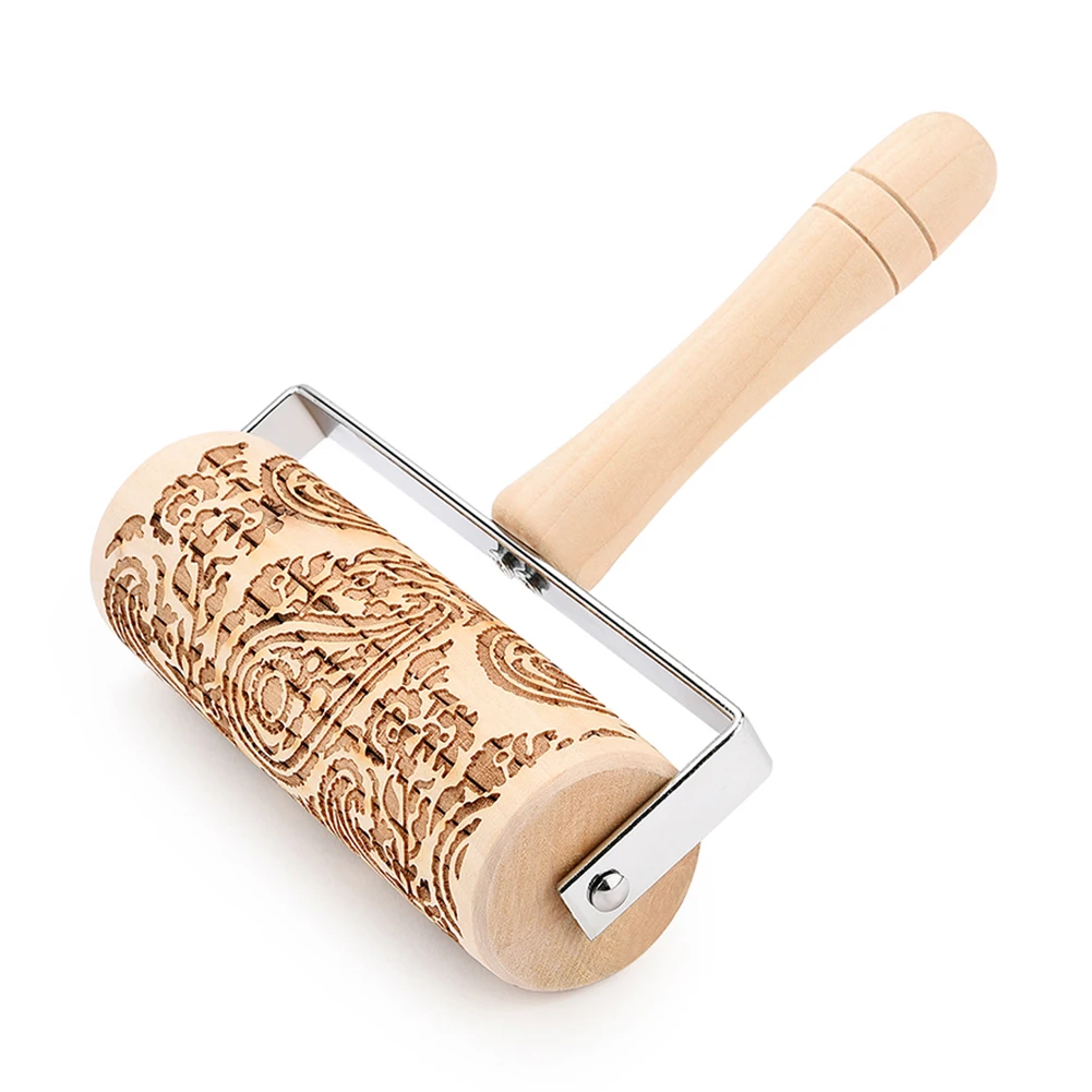 Christmas Wooden Elk Tree Snowflake Engraved Rolling Pin Embossing Dough Roller Holiday Baking Supplies