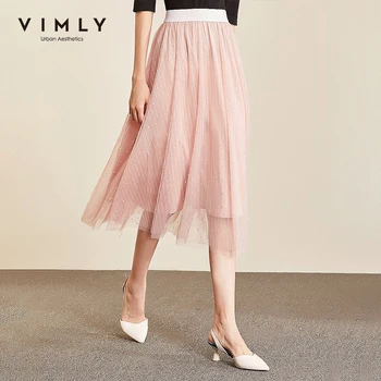 

Vimly 2020 Autumn Women Pleated Mesh Skirt Office Lady Striped High Waist Solid Mid-calf Fashion Female A-line Skirt 96070