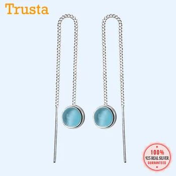 

Trusta 100% 925 Solid Real Sterling Silver Stud Earrings Blue Round 5.1cm Linked Drop Stick For Teen Girls Friends Gift DS963