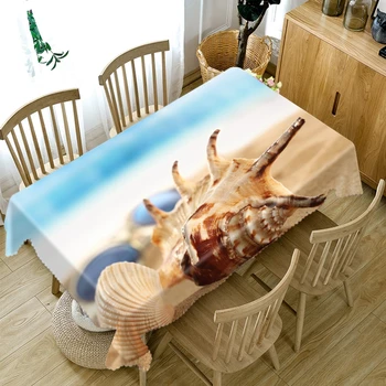 

3D Conch Shell Seascape Pattern Resort Beach Tablecloth Thicken Cotton Rectangular/Round Table Cloth for Wedding Picnic Party