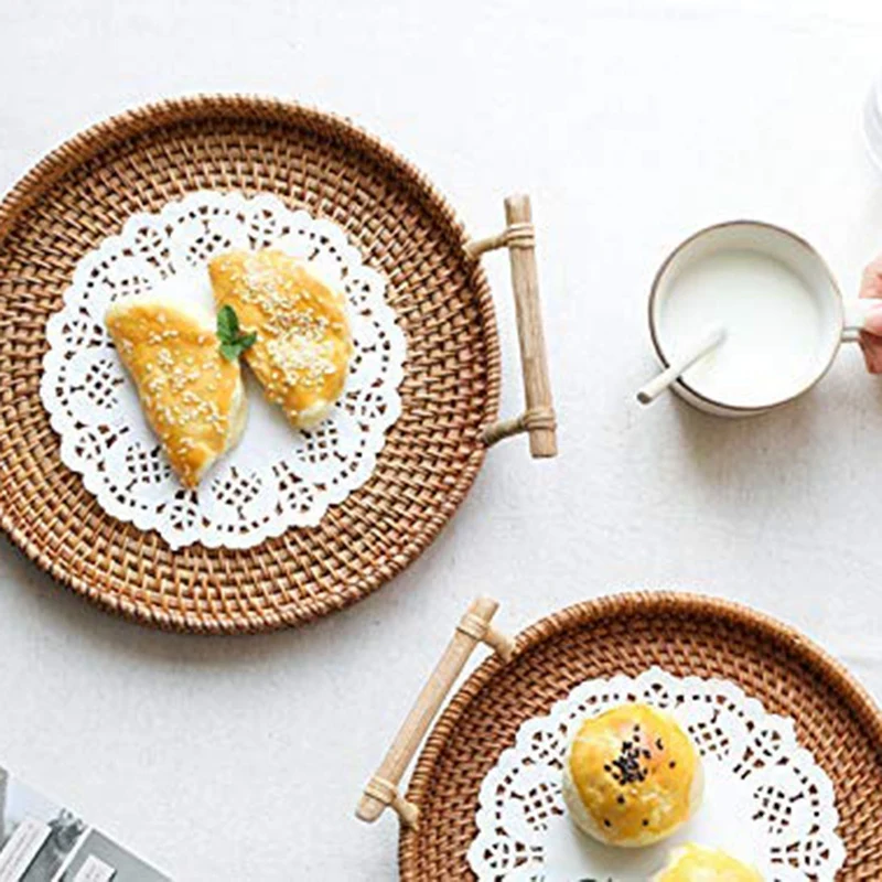 

Rattan Storage Tray, Round Basket with Handle, Hand-Woven, Rattan Tray Wicker Basket Bread Fruit Food Basket