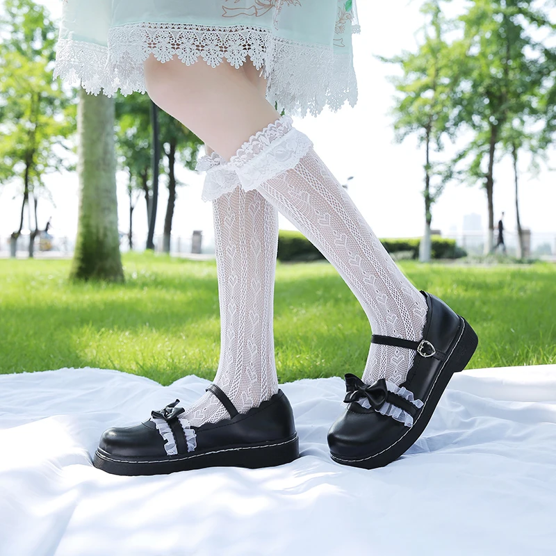 Обувь в стиле Лолиты; Студенческая обувь для девочек; туфли из искусственной кожи с кружевным бантом; туфли Mary Jane на низком каблуке с круглым носком - Цвет: Черный