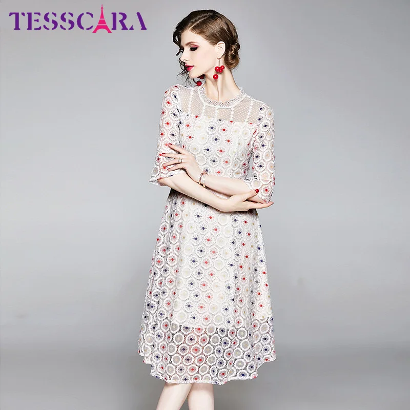 TESSCARA Women Summer Casual Embroidery Lace Dress Festa Female High Quality Elegant Office Party Robe Femme Designer Vestidos - Цвет: Ivory