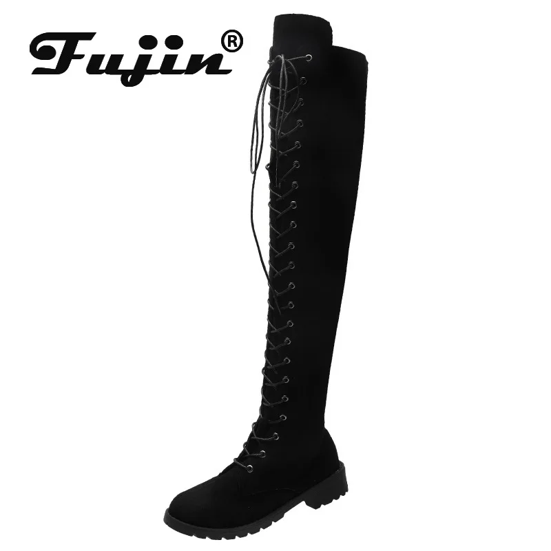 

Fujin Women's High Boots 2020 Winter Lace Over The Knee Boots Head Fashion Flat Bottom Mesh Breathable Cross Tied Strap Boots