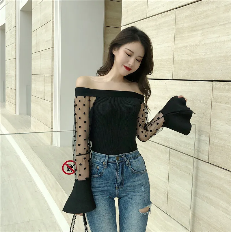 WHITNEY WANG Autumn Fashion Streetwear Sexy Slash neck See Through Mesh Patchwork Knitted Slim Tops Women t shirt
