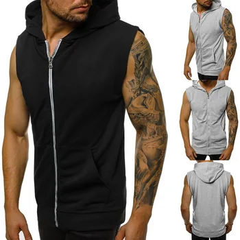 

Fashion Men Sleeveless Hoodies Male Zipper Pockets Hooded Vest Solid Fitness Workout Sports Waistcoat Undershirt Sportswear