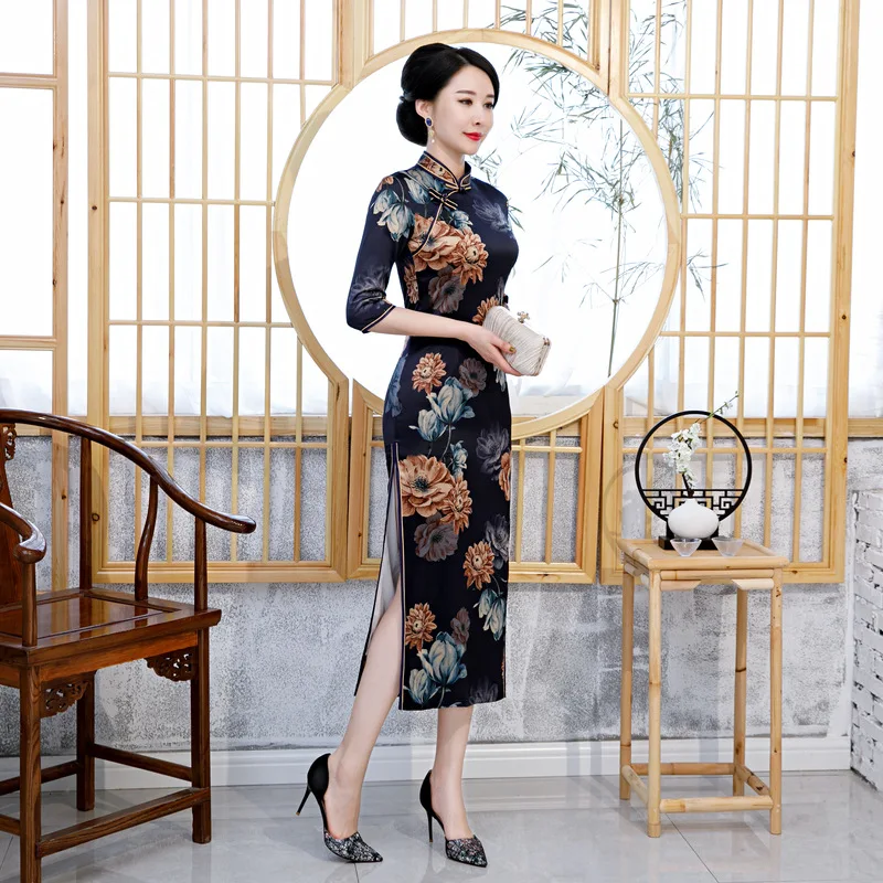 

Vintage Black Elegant Women Qipao Chinese Traditional Mandarin Collar Classic Cheongdsam Sexy Slim Vestidos Plus Size Dress 5XL