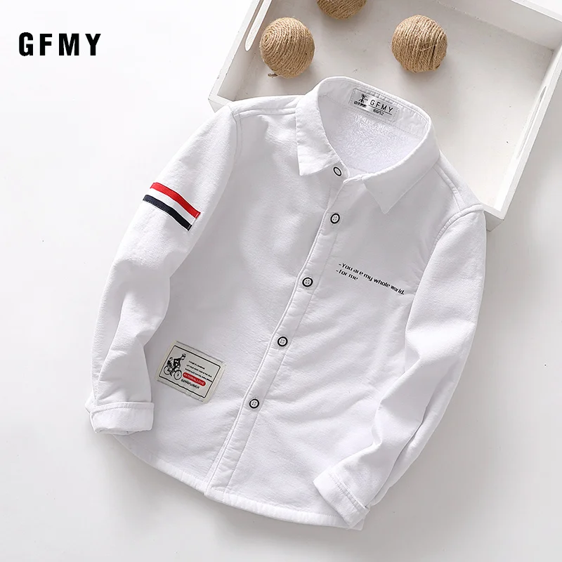 WHITE GFMY/ г. Зимняя модная Однотонная рубашка с длинными рукавами из хлопка для мальчиков От 3 до 12 лет повседневная одежда для больших детей синие и белые рубашки - Цвет: WHITE