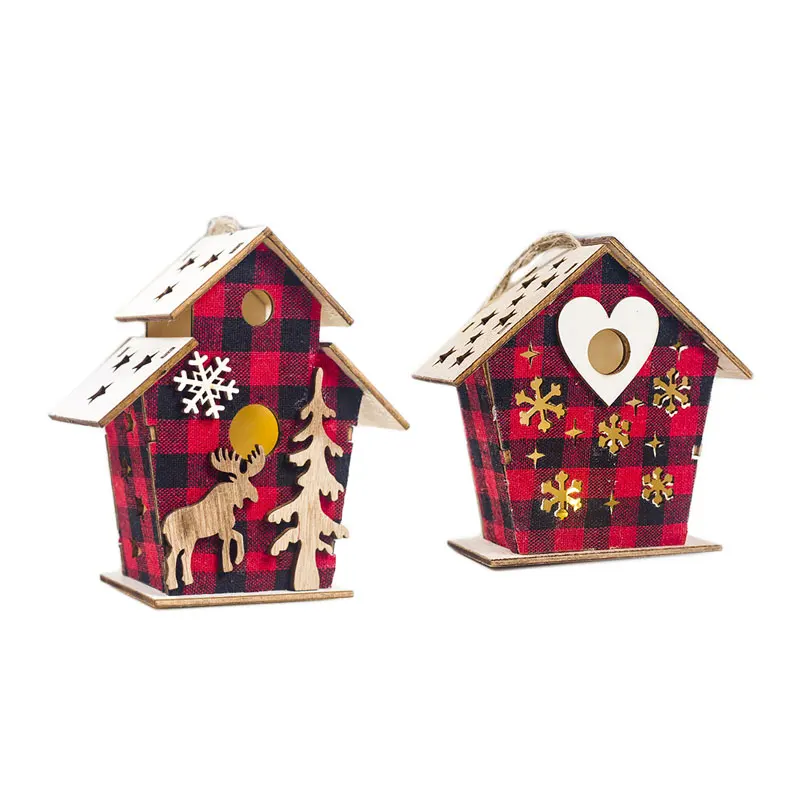2pcs red-checked Год 1 комплект, креативные рождественские украшения, деревянный кулон в кабине, светодиодный светится в темноте, дома, рождественские украшения, год - Цвет: 2pcs red-checked