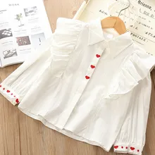 Белая Осенняя блузка, блузка для девочек, детские рубашки принцессы с длинными рукавами и вышивкой в виде сердца, топы, S9542