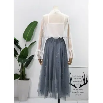 

New Korea Style Spring Summer Women Pleated Skirt Star Sequined Tulle Skirt 3 layers Lurex High Waist A Line Tutu Skirt