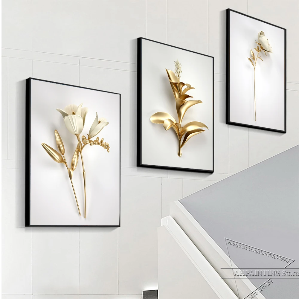 Golden plant leaves and flowers Wall art canvas painting Wall Pictures for Living Room Nordic Decoration Pictures morden decor