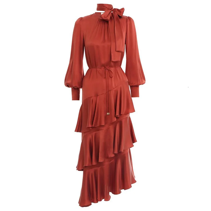 SeeBeautiful Новая мода осень зима сшитое многослойное платье с оборками и круглым вырезом с длинным рукавом-фонариком свободное женское платье Q467 - Цвет: red