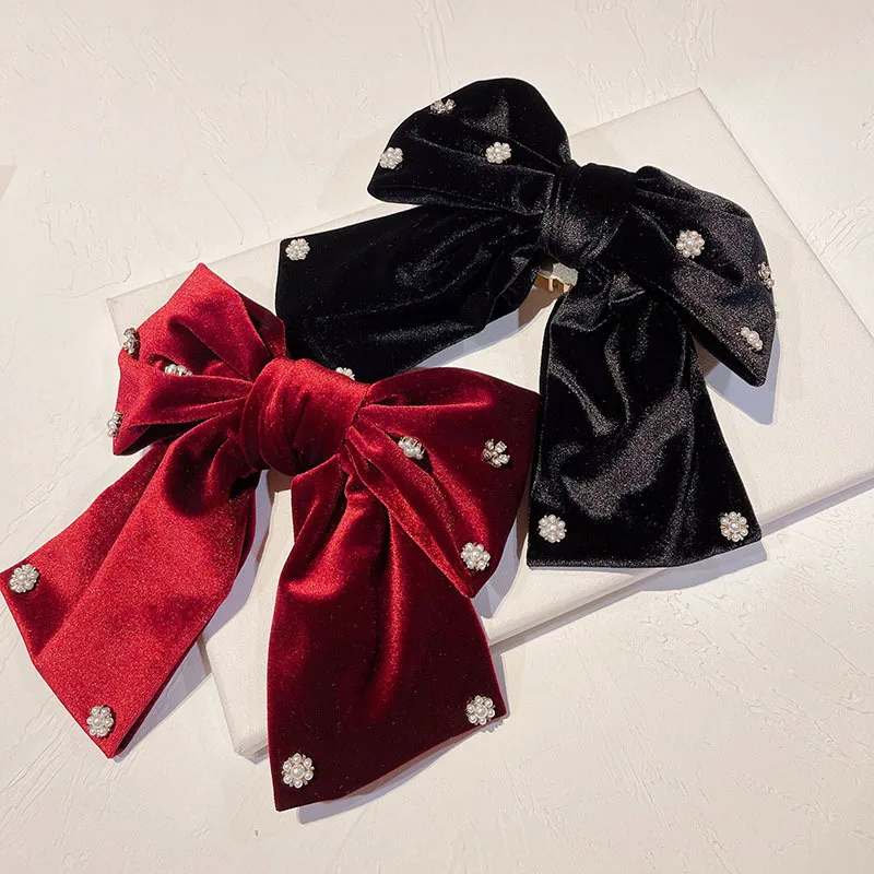 Korean Fashion Velvet Bowknot Hair Clips Fabric Pearl Rhinestone Hairpins for Women Headwear Hairgrip Girls Hair Accessories japanese style new fashion rhinestone pearl bowknot bag chain ornaments sweet diamond chain bag charms bow pendants