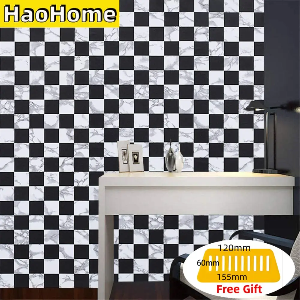 HaoHome Black and White Mosaic Peel and Stick Wallpaper Removable Self Adhesive Wallpaper Vinyl Wall Covering Waterproof Shelf