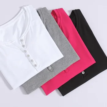 

2020 WOMEN Long-sleeved T-shirt female V-neck cotton button decoration wild Korean Slim large size women's compassionate
