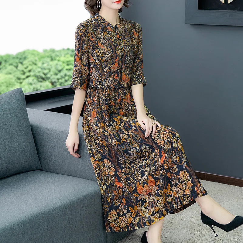 

2020 Early Spring New Style Floral-Print Silk Dress Waist Hugging Slimming Elegant Middle-aged Women Dress Hangzhou Mulberry Sil