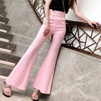 

Summer New Brand Fashion High Waist Double Breasted Womens Flare Pants High Street Full Length Slim Office Ladies Pink Trousers