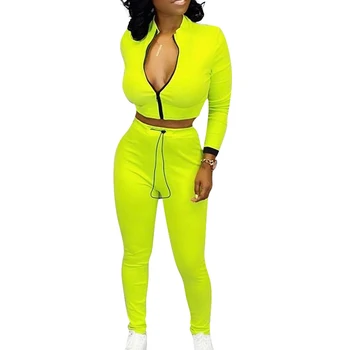 

2019 Women Autumn Zipper 2 Piece Sets Yellow Long Sleeve Casual Crop Top High Waist Pants Outfits Club Sexy Plus Size 2PCS Suits
