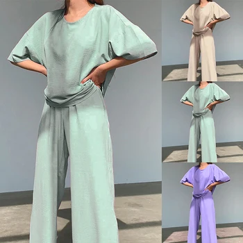 

New Autumn Solid Pajamas Women Set Home Casual Comfortable Outfit Suit Loose Short Sleeve Top Shirt And Long Pants Two Piece Set